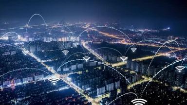 Smart City Aerial Footage. Blue Arches Forming Network Communication Futuristic Technology. Wi Fi co